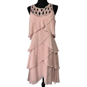 CAROL LIN Tiered Ruffle Midi Dress Dusty Rose Cascading Flutter Bling